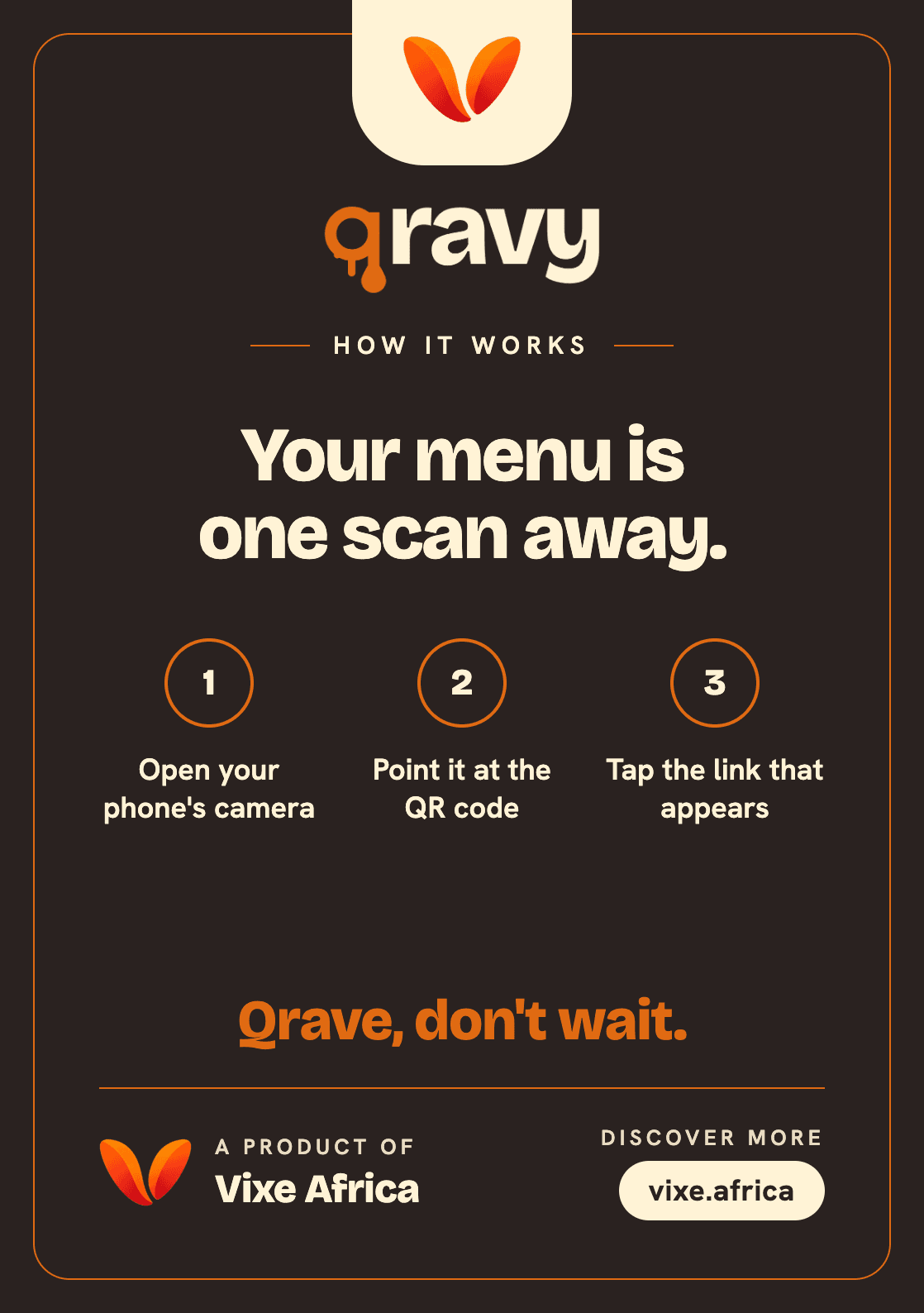 Back of the QRAVY table card: 'Your menu is one scan away' with three steps — open your phone's camera, point it at the QR code, tap the link — and 'A product of Vixe Africa'